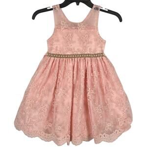 American Princess Youth Girls Size 5 Pink Floral Lace Dress Faux Pearl Coquette